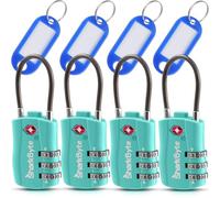 SharkByte Lot de 4 cadenas à combinaison approuvés par la TSA, à combinaison de sécurité à 3 cadrans avec étiquettes, fil de câble flexible, cadenas de voyage, serrures de valise, sac, serrure de gym