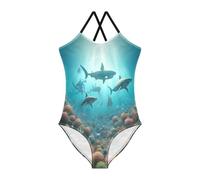 Sharks Coral Reef Maillot de bain athlétique pour fille de 3 à 10 ans, Récif corallien requins, 4 Ans