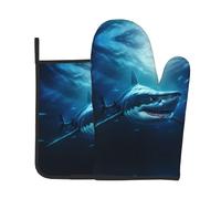 Sharks Under The Sea Gants résistants à la chaleur, gants de cuisine et maniques en deux parties, essentiels pour la cuisine, la pâtisserie et les grillades