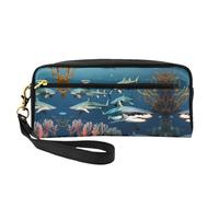 Sharks under the sea - Petite trousse de maquillage en cuir imprimé - Trousse de toilette de voyage pour femme - Réutilisable avec fermeture éclair - Noir - Taille unique, Noir/blanc, One Size