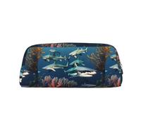 Sharks Under The Sea Trousse à crayons légère et portable en cuir avec fermeture éclair 20,5 x 5,5 x 8 cm pour bureau, voyage, maquillage, doré, Taille unique, Pochette à monnaie
