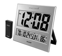 Sharp Atomic Clock - Atomic Accuracy - Never Needs Setting! -Silver Tech Style - Jumbo 3" Easy to Read Numbers - Indoor/Outdoor Temperature Display with Wireless Outdoor Sensor - Easy Set-Up!
