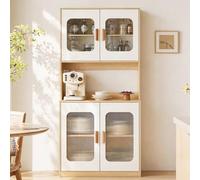 SHARPDO Buffet Cuisine Haut 180 cm, Meuble de Rangement Cuisine Blanc et Bois, Armoire de Cuisine avec Porte Transparente, Plateau pour Micro-Ondes, Placard Fermé