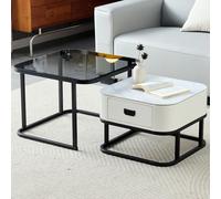 SHARPDO Tables Basses gigognes, Pierre Sinterisée & Verre trempé, Tiroir Simili Cuir Blanc, Lot de 2, 60/50 cm, Design Moderne pour Salon, Carrée (carrée)