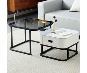 SHARPDO Tables Basses gigognes, Pierre Sinterisée & Verre trempé, Tiroir Simili Cuir Blanc, Lot de 2, 60/50 cm, Design Moderne pour Salon, Carrée (carrée)