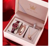 SHARPHY Coffret montre femme + bracelets + colliers - quartz diamant affichage du calendrier bracelet en cuir rouge