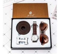 SHARPHY Coffret montre homme + ceinture + lunettes de soleil pour hommes - bracelet en cuir étanche brun mode haute qualité