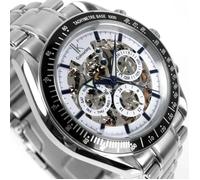 SHARPHY Montre homme mécanique afficher la date la semaine lumineux évider automatique bracelet en acier étanche argent classique