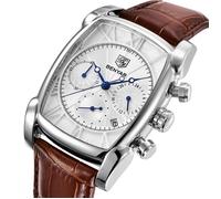 SHARPHY Montre homme quartz multifonction chronographe calendrier bracelet en cuir étanche cadran rectangulaire personnalité brun