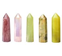 Sharvgun Lot de 5 pierres naturelles et pointe de cristal - Pierre de guérison Reiki polie - Taille 50-60 mm (cristal fraise, quartz rose aura, jade vert clair, jade fleur, jade citron)
