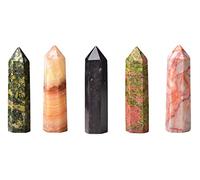 Sharvgun Lot de 5 pierres naturelles et pointe de cristal - Pierre de guérison Reiki polie - Taille 50-60 mm (pierre flocon de neige, pierre de porc, pierre de feu d'artifice, unakite, grille rouge)