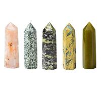 Sharvgun Lot de 5 pierres naturelles et pointe de cristal - Pierre de guérison Reiki polie - Taille 60-70 mm (agate fleur de cerisier, jade QingHai, jade lignes d'encre, jade jaune, unakite olive)