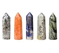 Sharvgun Lot de 5 pierres naturelles et pointe de cristal - Pierre de guérison Reiki polie - Taille 60-70 mm (Bleu Tianshan, pierre de soleil, sodalite, jade de brassage, pierre de texture d'arbre)