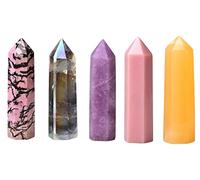 Sharvgun Lot de 5 pierres naturelles et pointe de cristal - Pierre de guérison Reiki polie - Taille 70-80 mm (rhodochrosite, quartz clair aura, lapidolite, opale rose, aventurine jaune)
