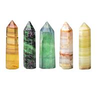 Sharvgun Lot de 5 pierres naturelles et pointe de cristal - Pierre de guérison Reiki polie - Taille 70-80 mm (fluorite jaune, épidote, fluorite verte, jade afghan blanc, jade afghan vert)