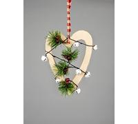 SHATCHI Décoration Murale à Suspendre en Forme de cœur en Bois crème de 30 cm avec Cloches Blanches, Baies et pin, décoration de Noël, 23 x 1,2 x 30 cm