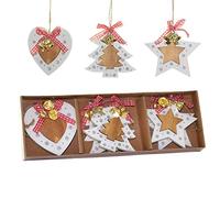 SHATCHI Décorations de sapin de Noël en bois esthétiques à suspendre - Lot de 6 pièces avec rubans et clochettes - Décoration de Noël à faire soi-même - 2 étoile, 2 cœurs, 2 pièces en forme d'arbre (8 cm)