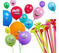 SHATCHI Lot de 25 ballons Emoji en latex de 30,5 cm avec bâtons réutilisables pour anniversaire, Noël, communion, fête, décoration amusante et mignonne, ballons assortis