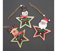 SHATCHI Lot de 3 Décorations de Sapin de Noël en Bois à Suspendre - DIY Père Noël, Renne, Bonhomme de Neige (9 cm)