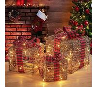 SHATCHI Lot de 3 Paquets de Noël Lumineux pré-éclairés à LED à Piles en sisal/rotin - Décorations de Noël Fantaisie - Doré/Rouge/crème/Tartan, Marron, 25 cm/20 cm/15 cm