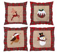 SHATCHI Lot de 4 Housses de Coussin Motif Renne, Bonhomme de Neige, Rouge-Gorge de Noël, Pudding imprimé, Toile de Jute, Coton et Lin, pour canapé, lit, décoration d'intérieur