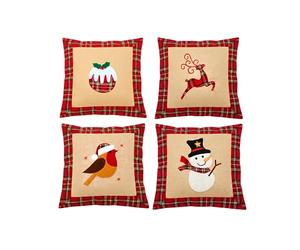 SHATCHI Lot de 4 Housses de Coussin Motif Renne, Bonhomme de Neige, Rouge-Gorge de Noël, Pudding imprimé, Toile de Jute, Coton et Lin, pour canapé, lit, décoration d'intérieur