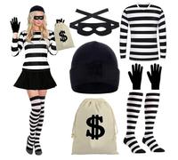 SHAWINKLE Costume Cosplay Femme,Bonnet Tricoté,Masque,Gants,Porte-monnaie,Genouillères,T-shirt,Costume de Braqueur de Banque Pour Halloween Carnaval Cosplay (voleur, M)
