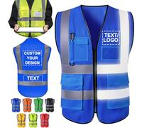 ShAxzHen Gilet de sécurité personnalisé pour homme et femme avec poches logo, vêtements de travail de protection haute visibilité personnalisés avec bande réfléchissante, bleu, 3XL