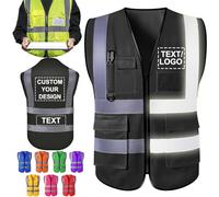 ShAxzHen Gilet de sécurité personnalisé pour homme et femme avec poches logo, vêtements de travail haute visibilité personnalisés avec bande réfléchissante, Noir , 4X-Large