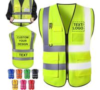 ShAxzHen Gilet de sécurité personnalisé pour homme et femme avec poches logo, vêtements de travail haute visibilité personnalisés avec bande réfléchissante, vert fluorescent, 4X-Large