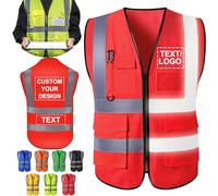 ShAxzHen Gilet de sécurité personnalisé pour homme et femme avec poches logo, vêtements de travail haute visibilité personnalisés avec bande réfléchissante, Rouge, XXX-Large