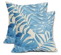 SHBHWS Lot de 2 Housses Coussin carrées en Lin, Motif Feuilles Palmier Bleu Clair Aquarelle, Tropicales d'été décoratives pour Canapé de Salon(66x66cm)