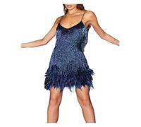 SHBHWS Robe d'été élégante à Paillettes et Pompons for Femme, Sexy, Slim, sans Manches, col en V, Taille Haute, Bretelles Cousues pour Les Soirées et Les Bals(Deep Blue,L)