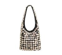 SHBHWS Sac bandoulière en cuir à boutons, orné de rivets argentés, grande capacité, cousu main Pour le travail, le shopping(Black button bag)