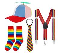 SHDIEHJFMLDH 4 Pièces Casquette à Hélice,Casquette Hélicoptère,Avec Bretelles Arc-En-Ciel Chaussettes Cravates,pour Convient aux adultes et aux enfants,cosplay pour fournitures de fête de carnaval