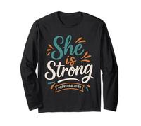 She is Strong Proverbs 31 25 - Verset biblique Vintage chrétien Manche Longue