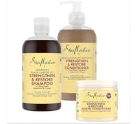 SheaMoisture Set - Huile de Ricin Noir de Jamaïque Shampooing 1 x 384 ml, Après-shampooing 1 x 384 ml, Après-shampooing sans rinçage 1 x 431 ml