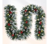 Shearly Guirlande de Noël artificielle pré-éclairée de 2,7 m, rotin vert avec fleurs rouges pour maison, escaliers, cheminée, porche, décoration de Noël intérieure ou extérieure avec lumières LED