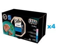 SHEBA Classics Fish Flavours trays 32x85g nourriture complète humide pour chats adultes en terrine avec saumon, poisson blanc et carottes, thon et légumes, cabillaud
