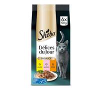 Sheba Délices du Jour Set de 12 x 6 Sachets Fraîcheur à La Volaille/aux Poissons en Sauce pour Chat 50 g