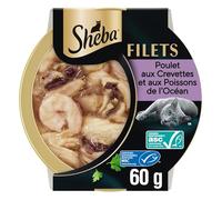 SHEBA Dômes Filets en Sauce, Lot de 32 Boîtes (32 x 60 g), Saveur Poulet Crevettes et Poissons de l'Océan, Nourriture Humide Chat Adulte, Complément Repas Chat
