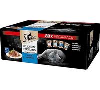 Sheba Nourriture humide pour chat Delikatesse Fine Flakes, 80 x 85 g Bols Mega Pack - Nourriture pour chat humide, sélection de poissons en gelée avec saumon, poisson blanc, thon et morue pour chats