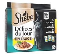 Sheba - Pâtée Savoureuse pour Chat Adulte, Sauce Délicieuse au Poulet, Volaille et Dinde (15 Sachets Fraîcheur) - Le Lot De 3