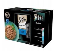 SHEBA Selection Fish Flavours in sauce 12x85g nourriture humide avec saumon et morue noire, poisson blanc, poisson de mer, morue pour chats