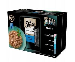 SHEBA Selection Fish Flavours in sauce 12x85g nourriture humide avec saumon et morue noire, poisson blanc, poisson de mer, morue pour chats