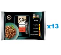 SHEBA Selection Juicy Flavours sachets 52x85g nourriture complète humide pour chats adultes en sauce avec poulet et bœuf, poulet, agneau, canard et dinde.