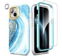 SHEDEER Coque pour iPhone 15, 4 en1 Paillette Caméra Protection & Verre Trempé &Bumper & Housse Étui pour iPhone 15 Marbre, Coque pour iPhone 15 avec Paillettes, Brillant, Antichoc, Étoile Bleue