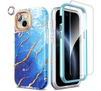 SHEDEER Coque pour iPhone 15, 4 en1 Paillette Caméra Protection & Verre Trempé &Bumper & Housse Étui pour iPhone 15 Marbre, Coque pour iPhone 15 avec Paillettes, Brillant, Antichoc,Bleu Océan