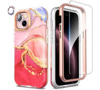 SHEDEER Coque pour iPhone 15, 4 en1 Paillette Caméra Protection & Verre Trempé &Bumper & Housse Étui pour iPhone 15 Marbre, Coque pour iPhone 15 avec Paillettes, Brillant, Antichoc, Rose