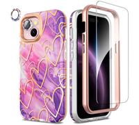 SHEDEER Coque pour iPhone 15, 4 en1 Paillette Caméra Protection & Verre Trempé &Bumper & Housse Étui pour iPhone 15 Marbre, Coque pour iPhone 15 avec Paillettes, Brillant, Antichoc, Coeur